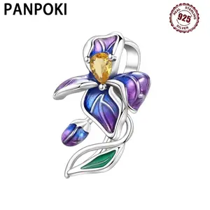 PANPOKI 925 Sterling Silver Blue Purple Iris Flower Beads Original Pendants Bracelet Charm Jewelry Party DIY Trendy Gifts