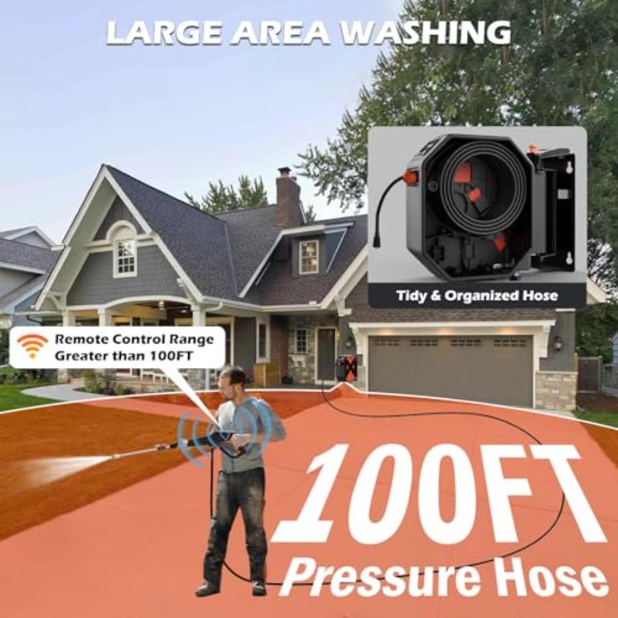 Wall Mounted Pressure Washer with 5000PSI High-Pressure Power 100FT Retractable Hose 5-Stage Adjustable Pressure Settings Foam