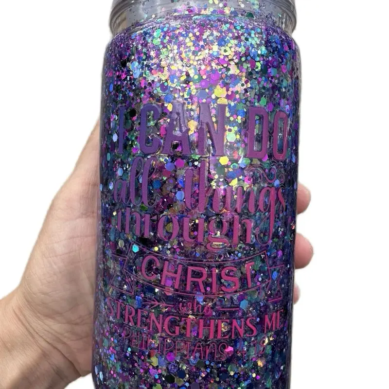 Purple glitter 16oz Tumbler with decorated lid & straw - Decorative Design with Sparkles, Ideal for Beverage Drinking - Drinkware, Bottle