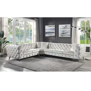Acme LV01160 3 pc Brayden Studio Atria Chesterfield Style Beige Fabric Tufted Sectional Sofa