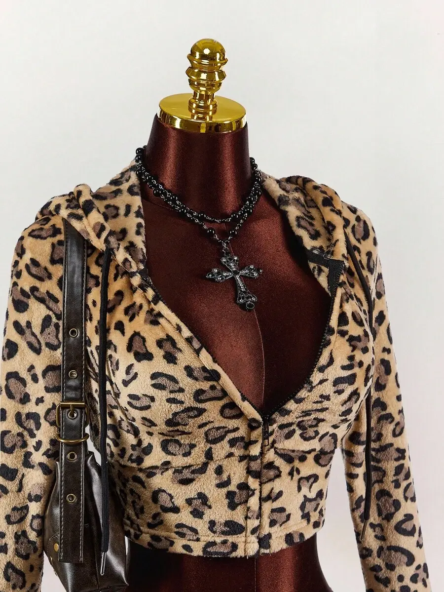 Amplova Women's Short-Length Leopard Print Cropped Thermal-Lined Hooded Sweatshirt, Autumn-Winter Fashion Hoodie