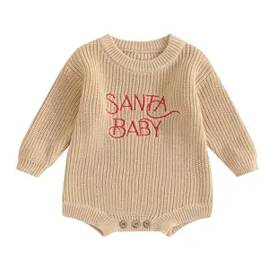 Baby Christmas Sweater Romper Newborn Infant Girl Boy Long Sleeve Round Neck Letter Embroidery Knit Bodysuit Xmas Clothes Outfit Gift