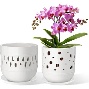 Orchid Pots, 5+6 Inch, White, Ceramic, Aerated, Indoor/Outdoor, 7 Inch Width/Height, 2 Pack