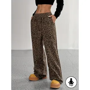 [Leopard Print Pants] Leopard Print Women's High-Waist Sports Pants |   Wide Leg, Elastic Waistband, Pockets, Lightweight Stretch Fabric for Yoga, Running & Casual Wear