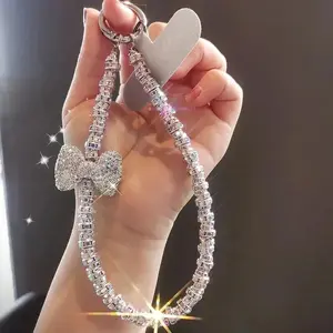 Short Diamond Studded Bow Mobile Phone Lanyard Wristband Shiny Lanyard IPhone 16 Case Key Universal Rope Bag Body KitJewelry Cell Phone Charm