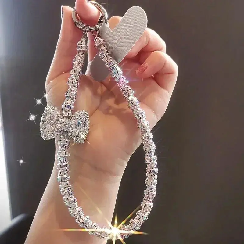 Short Diamond Studded Bow Mobile Phone Lanyard Wristband Shiny Lanyard IPhone 16 Case Key Universal Rope Bag Body KitJewelry Cell Phone Charm Phone Wrist Strap