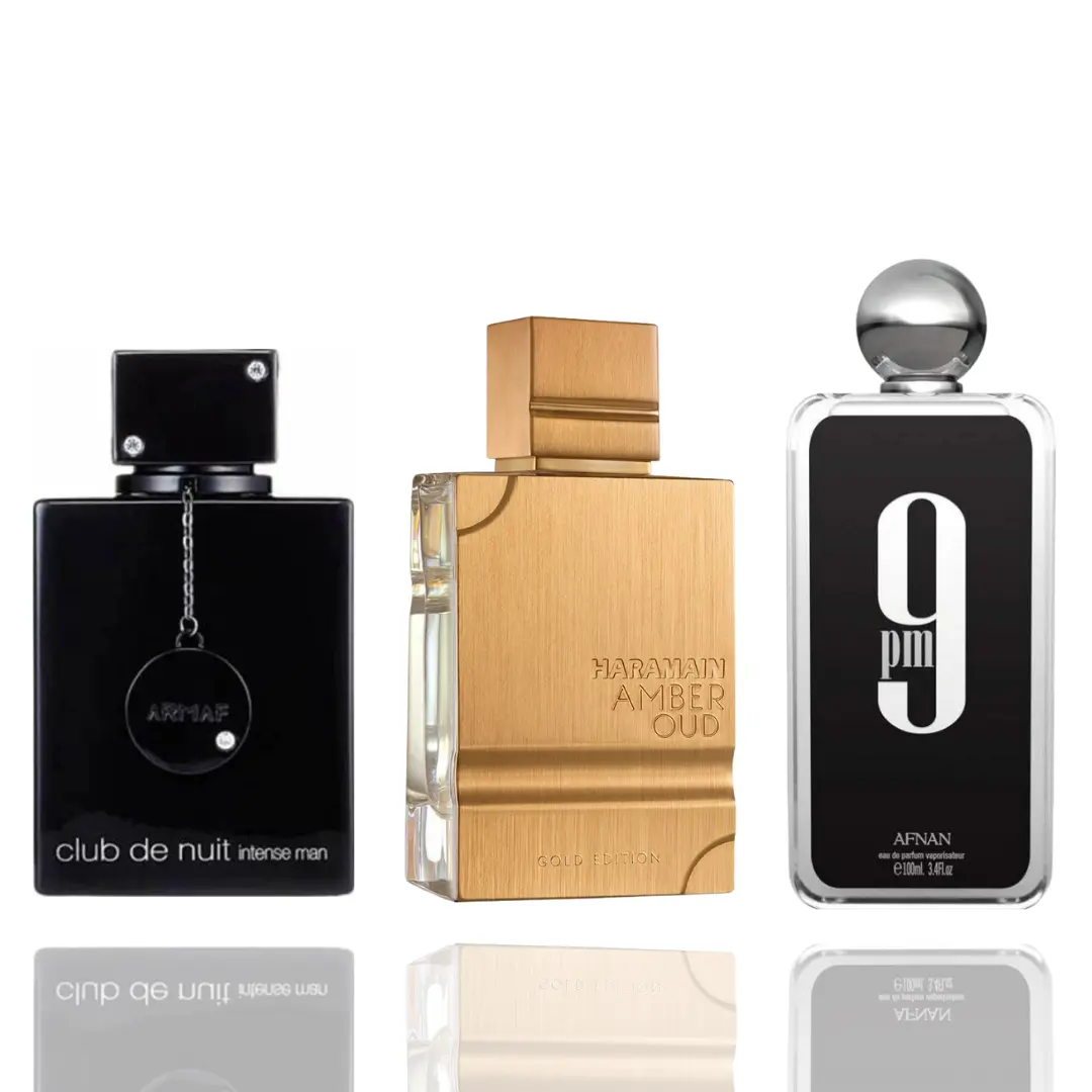 Unisex Long Lasting Fragrance Multi-Pack - THE CLASSIC MAN Assortment with Club de Nuit Intense, Al Haramain Aromatic Amberwood Amber Oud Gold Edition, Afnan 9pm for Night Out, Oud, Lemon-Lime, Potent Scents, Oud Unisex Fragrance