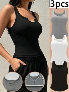 Three-Piece Thickened Basic Tank Tops, Plus Size, Adjustable Straps, Slim Fit, Multi-Functional Back Design, Spring Summer Essential, Modal Lingerie Set