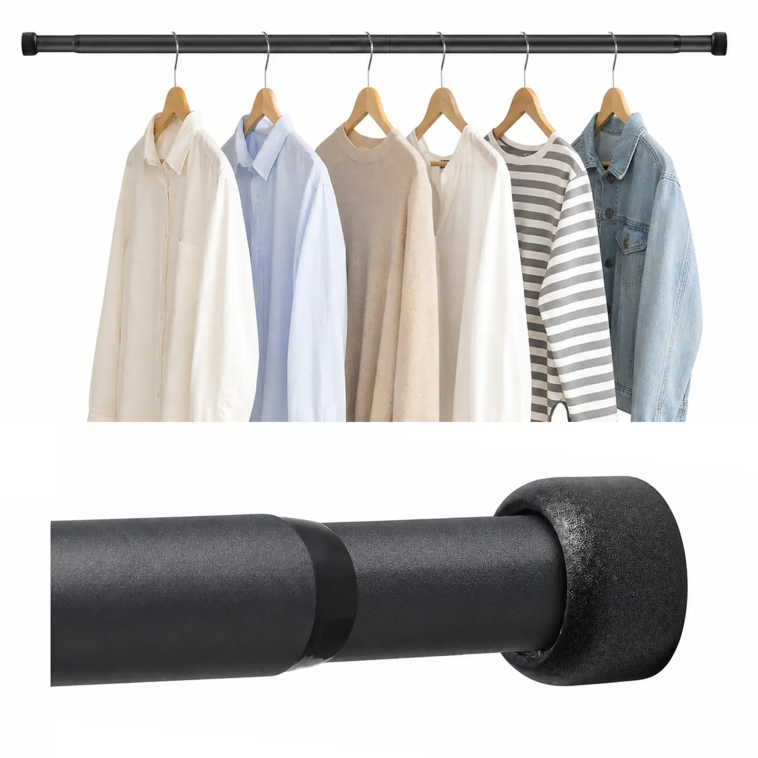 Heavy Duty Adjustable Closet Rod 15-44 Inch, Wall Mounted Clothes Hanging Bar for Closet and Wardrobe, Black Metal Shower Curtain Rod for Bathroom Laundry Room RV Window Room Divider