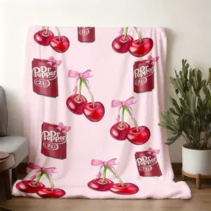 2026 New Arrival Dr Pepper cans and cherries with bows on pink Print BlanketNordic Minimalist Flannel Throw, Winter Office Nap Blanket for Men & Women, Ultra-Soft Double-Sided Fleece, Cozy Warm