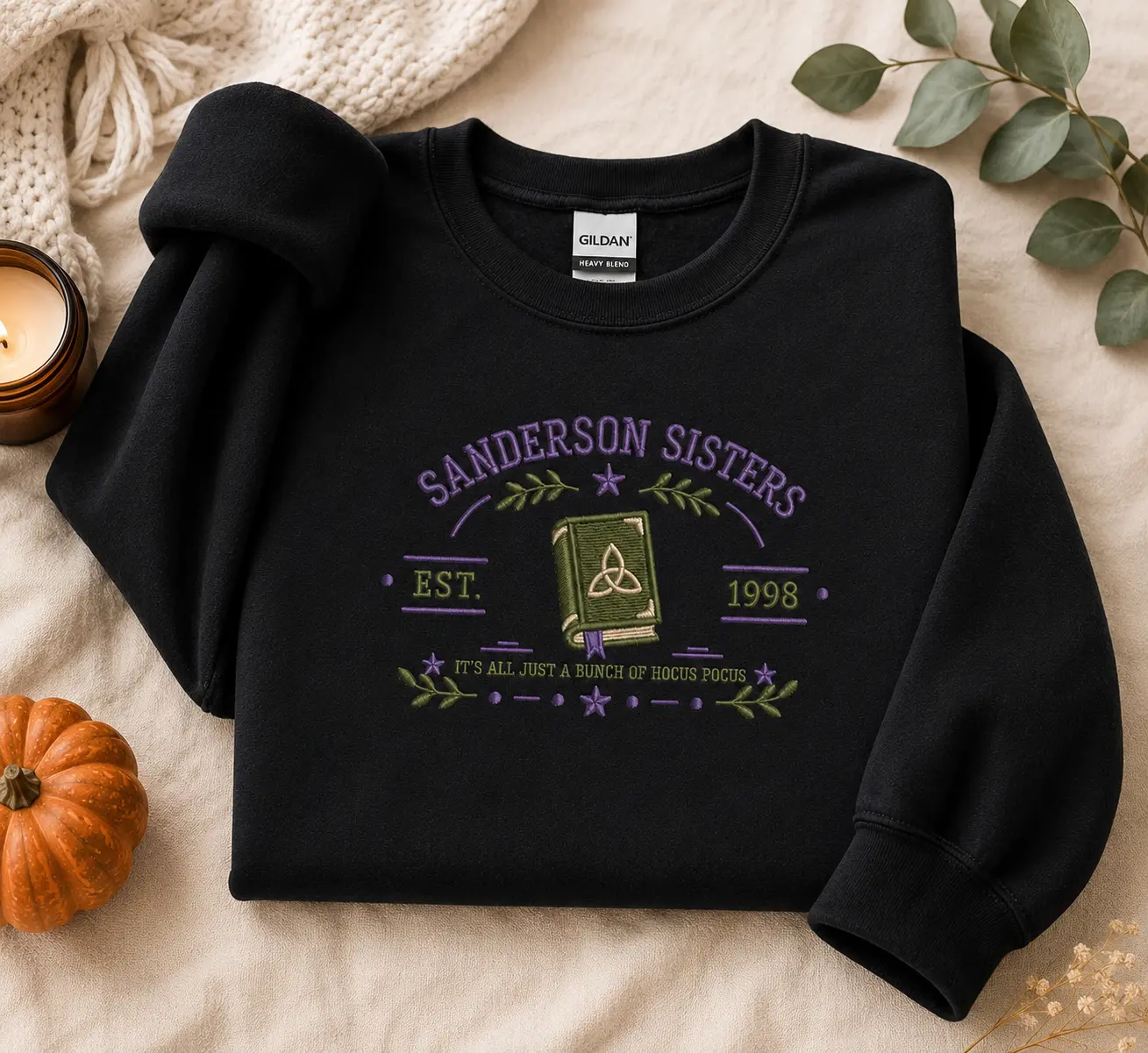 Women's Sanderson Sisters Embroidered Sweatshirt - Hocus Pocus Inspired Halloween Crewneck, Plus Size 3XL-5XL Witchy All Seasons Fall Gift Top, Basic, Casual, Cotton, Crew Neck, Embroidery, Fitted