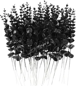 36 count Black Eucalyptus Leaves Stems Artificial Eucalyptuses Leaf Branches for Halloween Picks Autumn Fall Floral Arrangement Wedding Centerpiece Flower Bouquet  Office Decoration