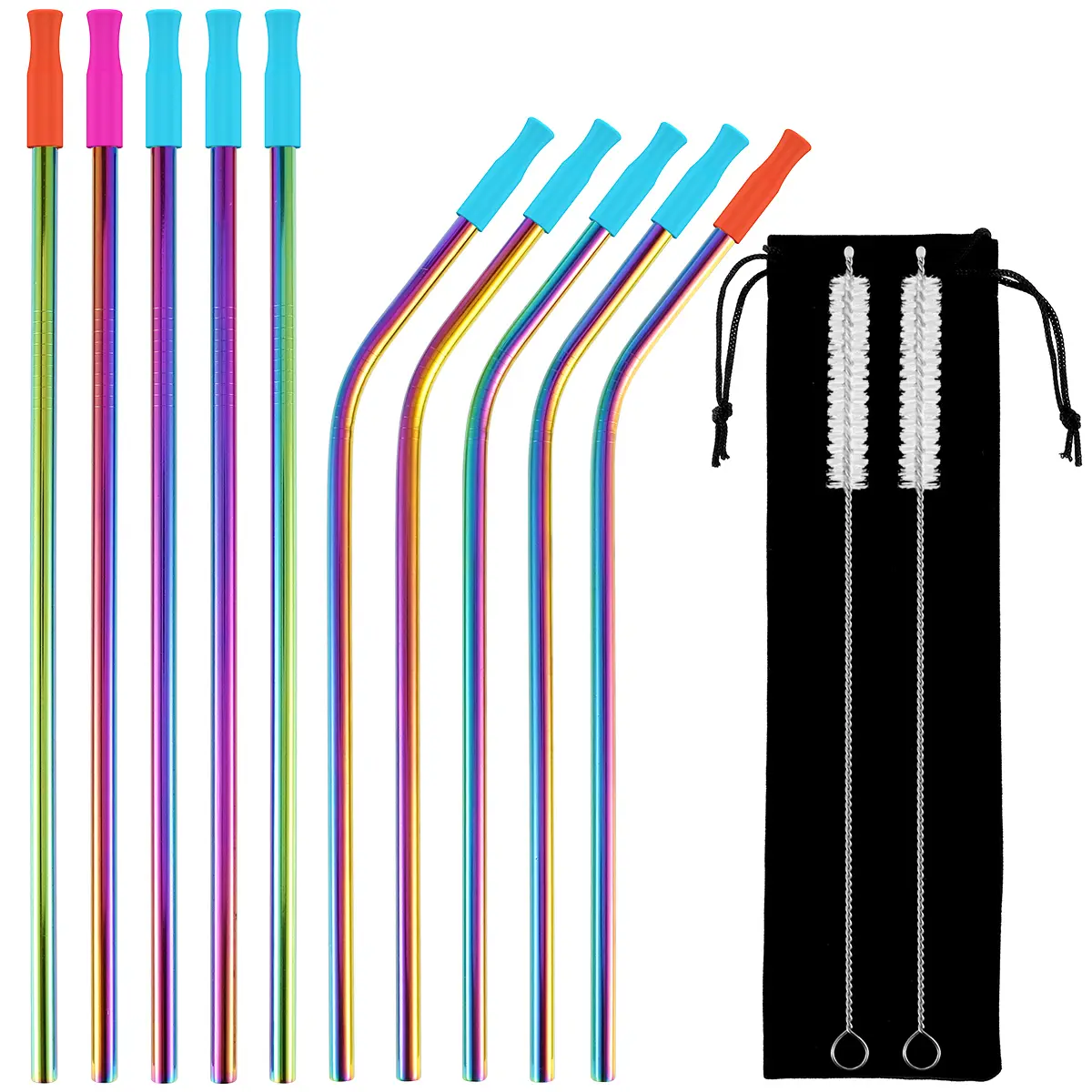 Clearance！10 Pcs Stainless Steel Straws Reusable Drinking Straws Colorful Curved Straight Straws with Cleaning Brush Storage Bag and 10 Silicone Tips Metal Straws Fit for 16 and 20 oz Tumbler Cups