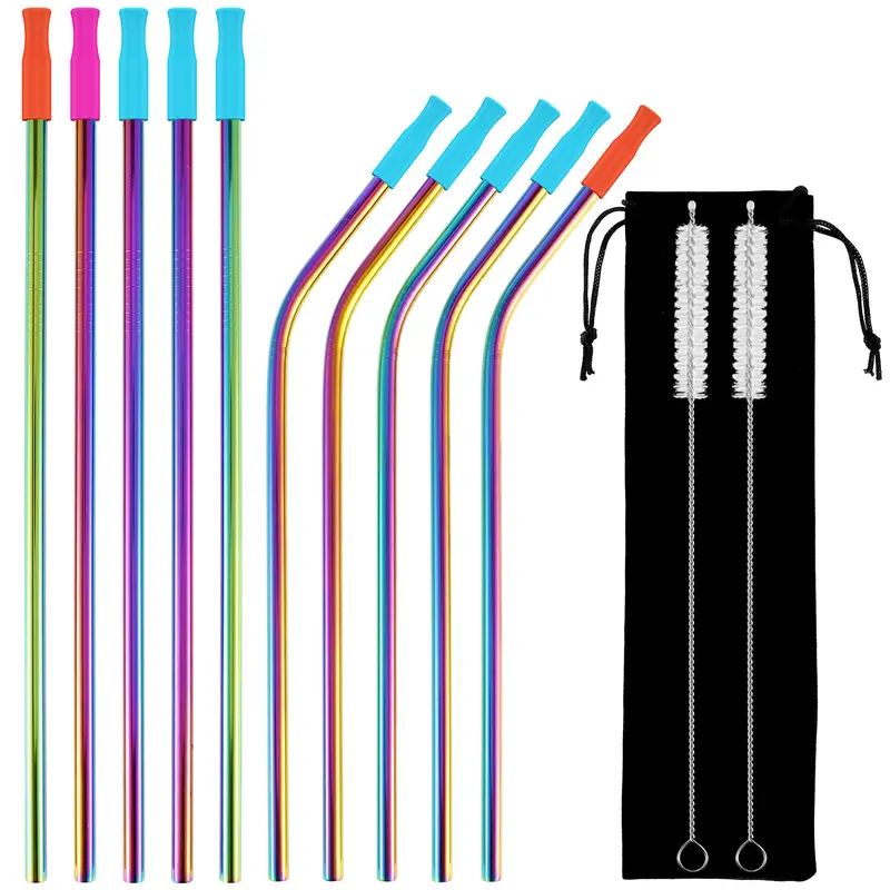 Clearance！10 Pcs Stainless Steel Straws Reusable Drinking Straws Colorful Curved Straight Straws with Cleaning Brush Storage Bag and 10 Silicone Tips Metal Straws Fit for 16 and 20 oz Tumbler Cups