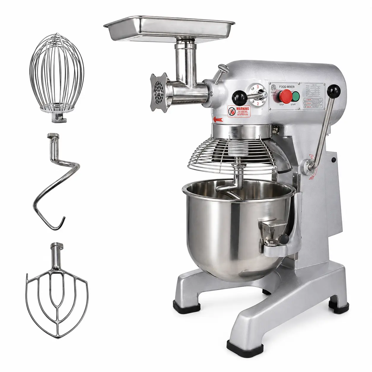 Hakka 20QT 4-in-1 Design Commercial Planetary Stand Mixer for Restaurants, 1100W Large Power Mixer with Meat Grinder Accessory Kit, Cover, 3-Speed Settings, Dough Hook, Flat Beater, Wire Whisk, ETL Certified
