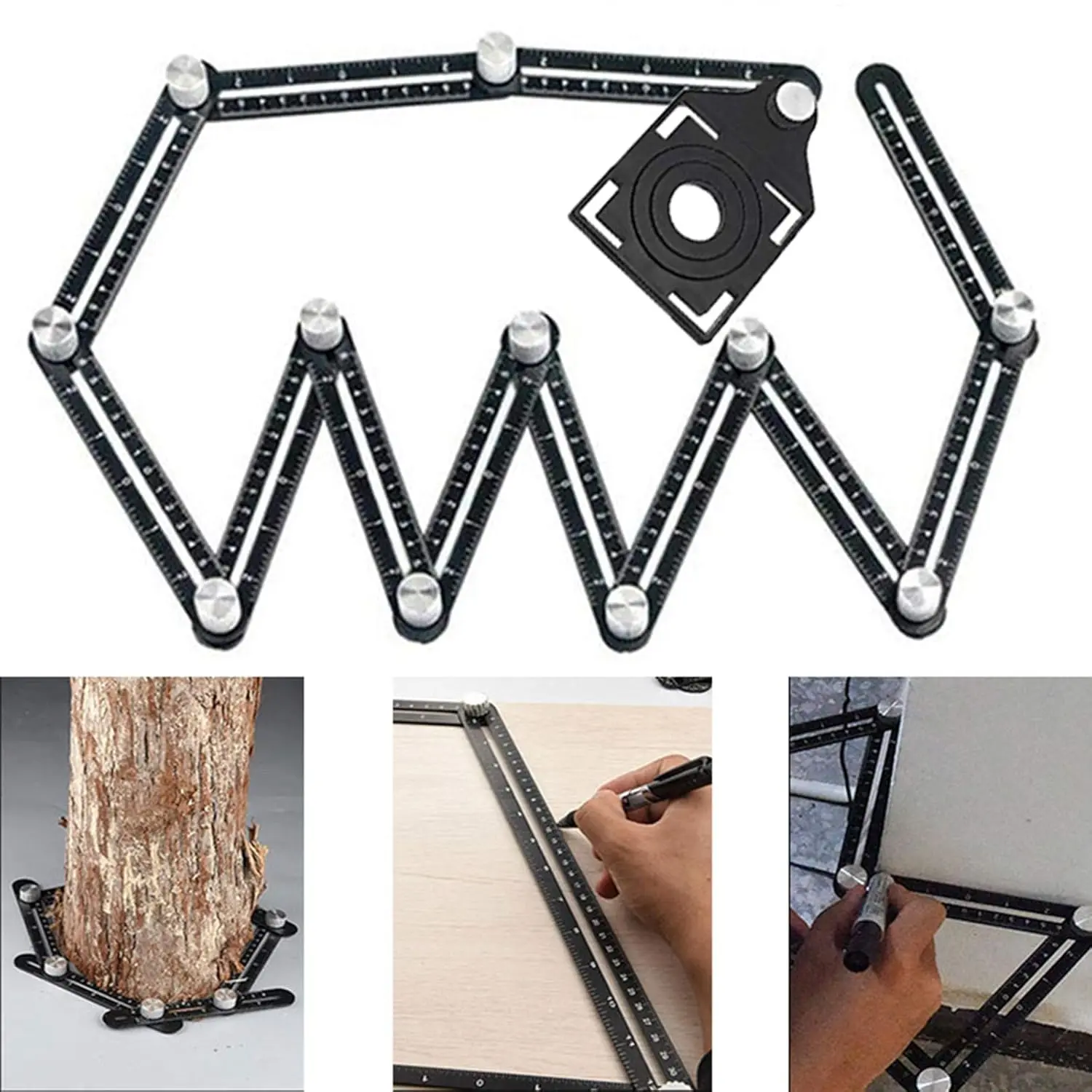 Multi Angle Measuring Ruler,12-Sided Angle Measurement,Tile Holes Measure Ruler with 3-Holes Positioning Apertures,Upgrade Multi Angle Ruler/Metal/Black