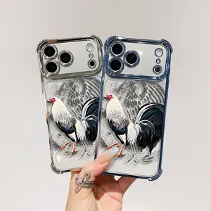 Clear Electroplated Stylish Rooster Graphic TPU Phone Case Four Corner Airbag Anti Drop Shockproof Mobile Cover for ip17promax iPhone 11-17 LUMN Studio