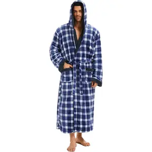 Mens Hooded Robe, Soft Lightweight Plush Robes for Men, Warm Long Fleece Men's Bathrobe with Pockets