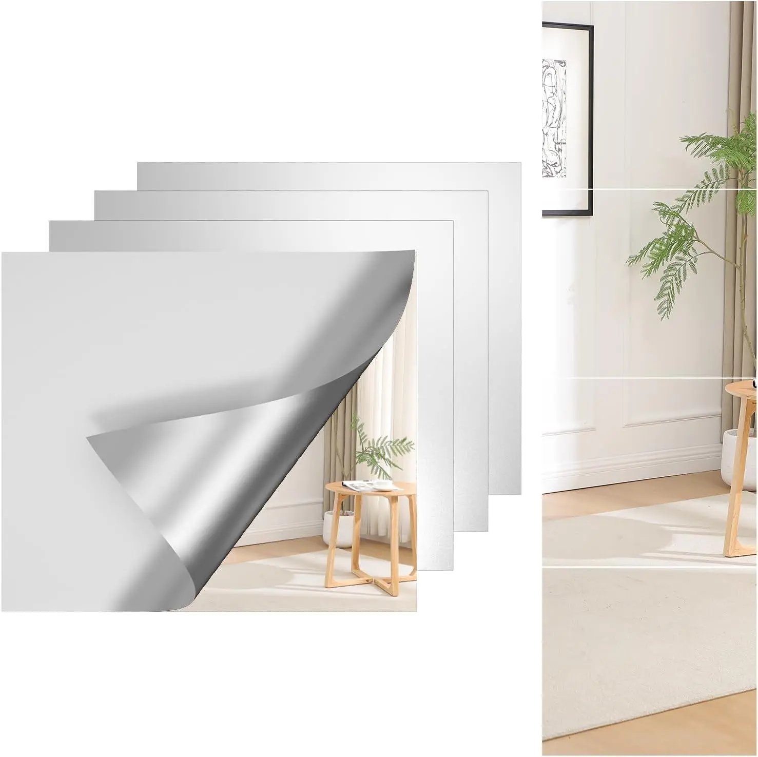4 Pack 16"x 12" Frameless HD Float Glass Mirror Tiles, Non-Distortion Wall Mount Mirror Sheets, Drill-Free Adhesive Square Mirror Panels for Bedroom Door, Hallway Decor, Home Gym Dressing