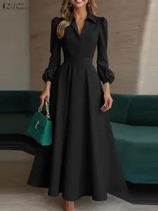Women's Elegant Solid Color Dress, Stand Collar Long Sleeve Waist Cinched A-Line Side Zip Design, Suitable for Daily Commuting