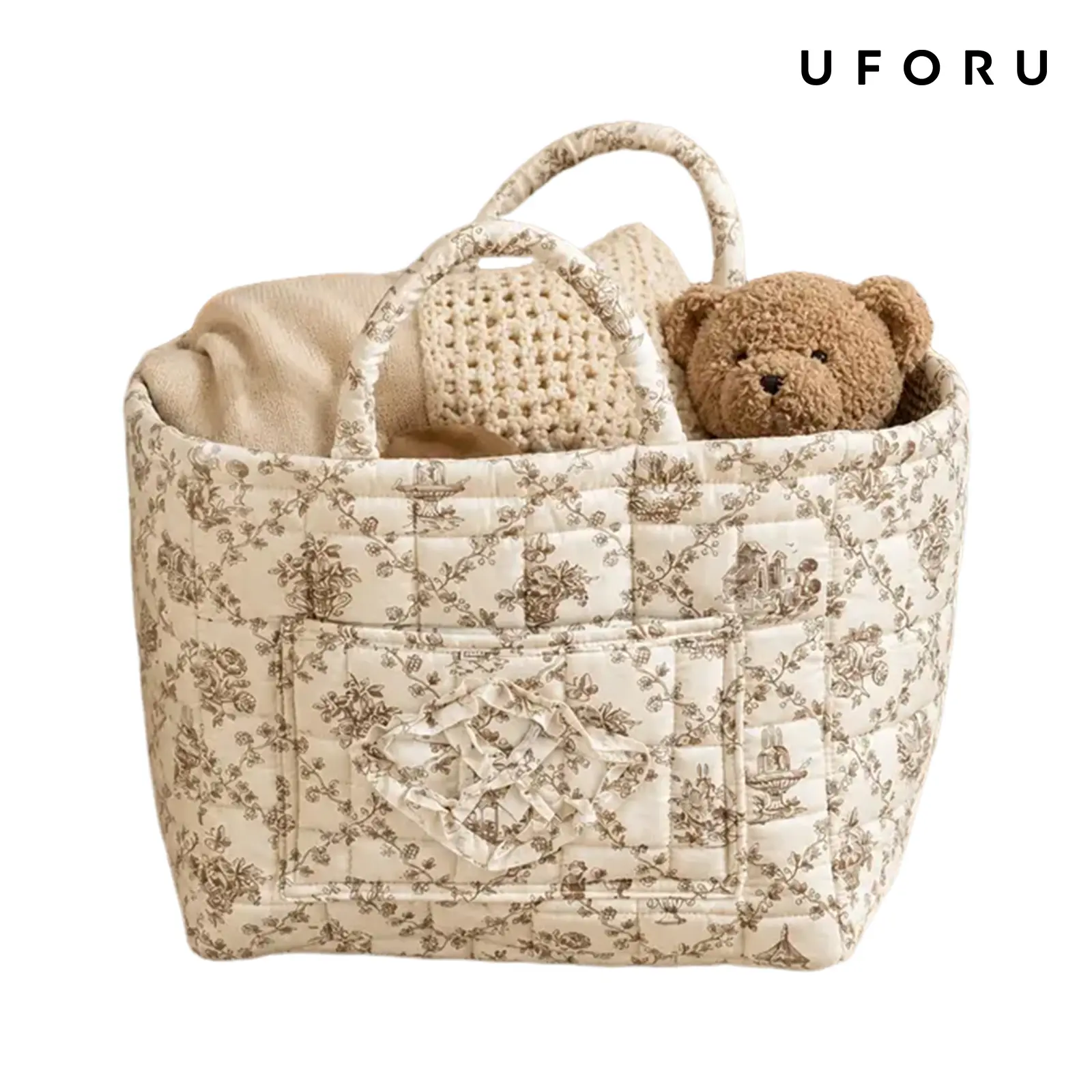 UFORU Quilted Floral Storage Basket with Handles, Soft Fabric Nursery Organizer Bin for Toys, Books, Baby Essentials, Plush Dolls, Clothes, Bedroom & Kids Room Storage #SummerWins#dealsforyou