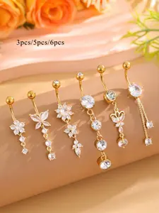 Women's Elegant Butterfly & Flower Design Belly Rings, Stainless Steel Belly Button Rings, Cute Trendy Belly Piercing Jewelry, Fashion Body Jewelry, Artificial Zircon for Party & Daily Decor
