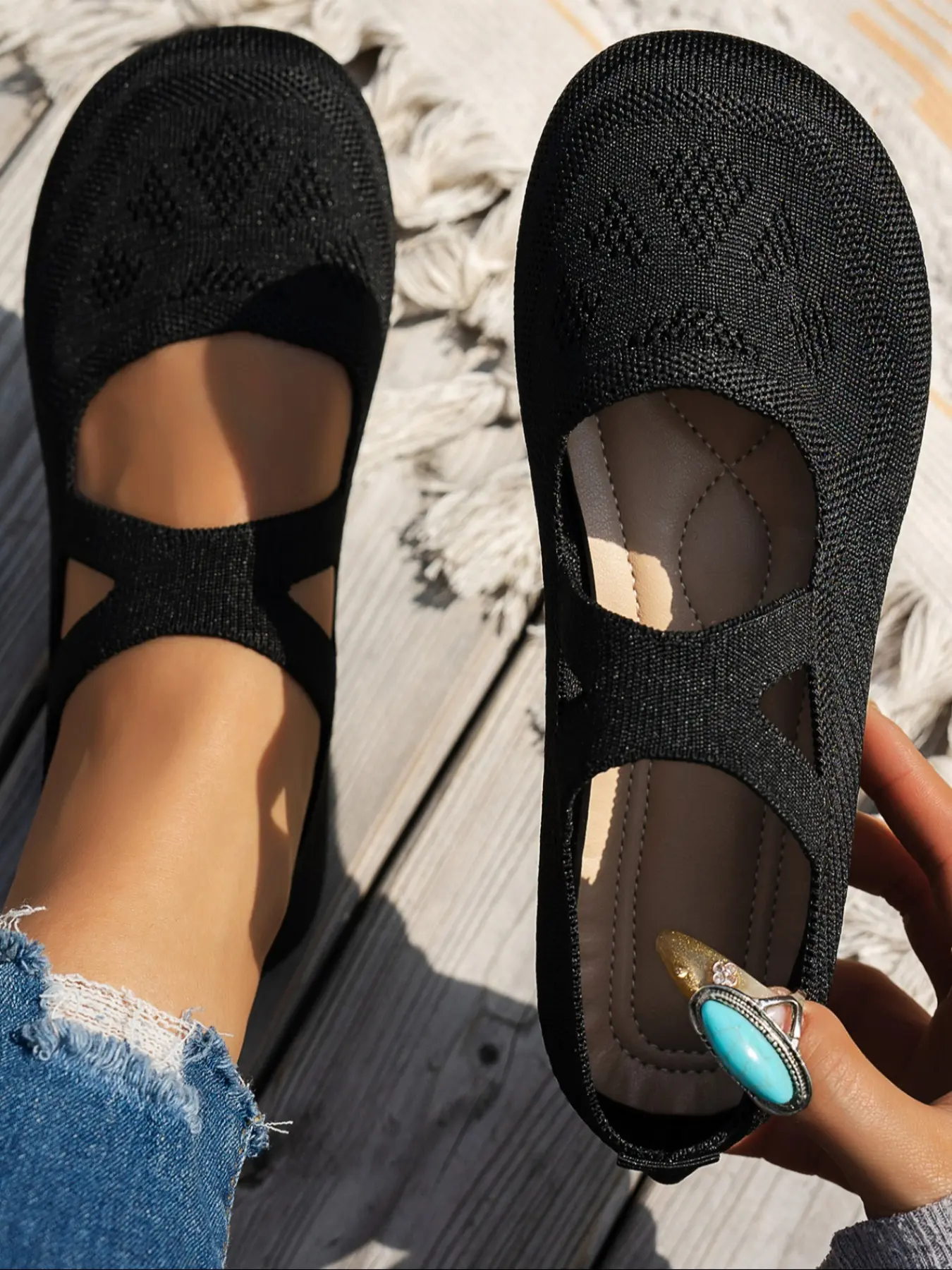 Women's New Round Toe Knit Ballet Shoes, Adjustable Casual Summer Flats, Plain Design, Crossed Elastic Strap, Breathable Mesh, Slip-On Comfort, Breathable Slip Ons, Casual Daily Wear, Lightweight Breathable Footwear