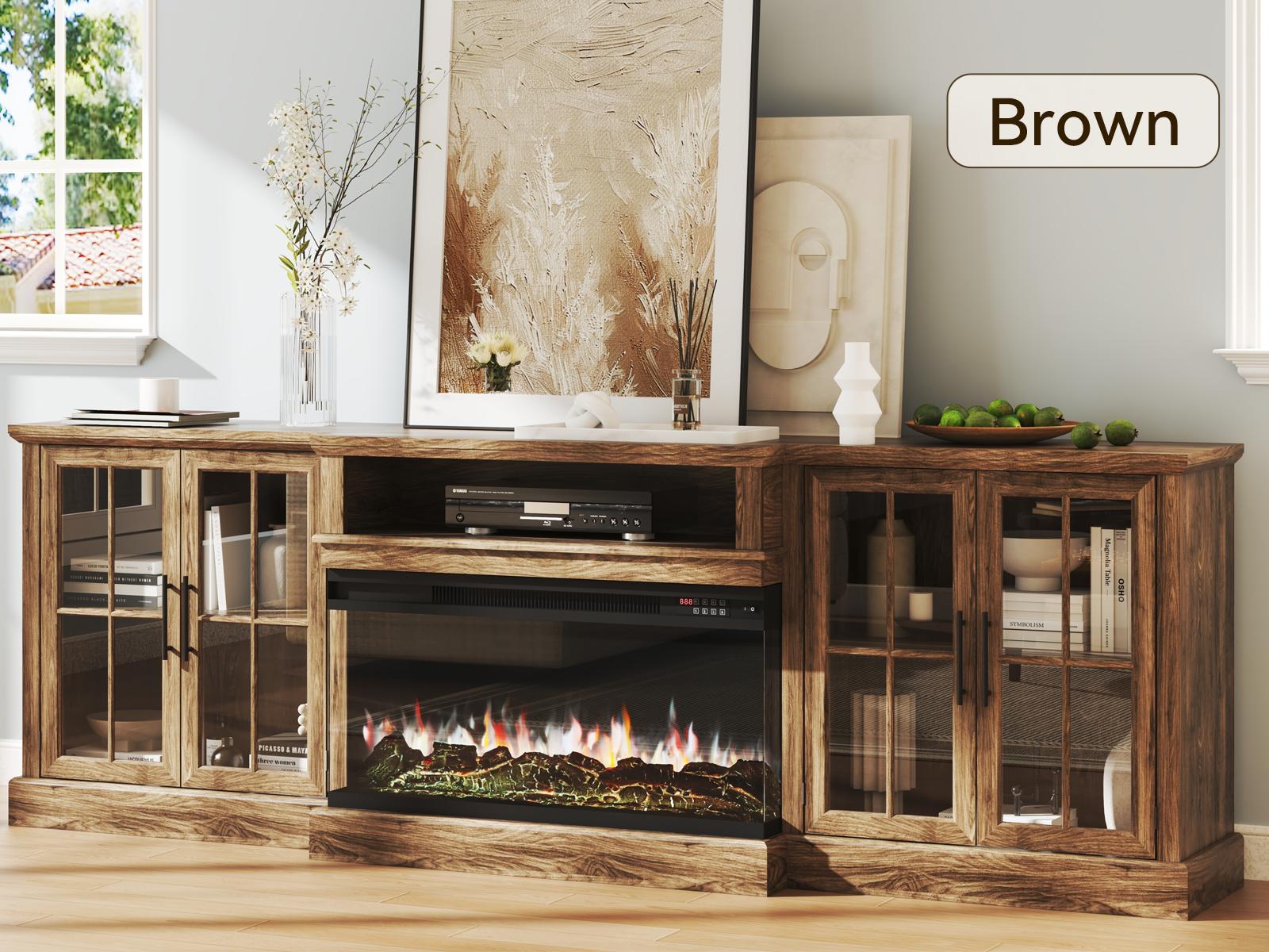 【2 Packages Shipping】 oneinmil 98" Farmhouse TV Stand with 36" Fireplace for TVs up to 100", Media Entertainment Center with Adjustable Shelves and Large Storage Cabinets, for Living Room, White & Black