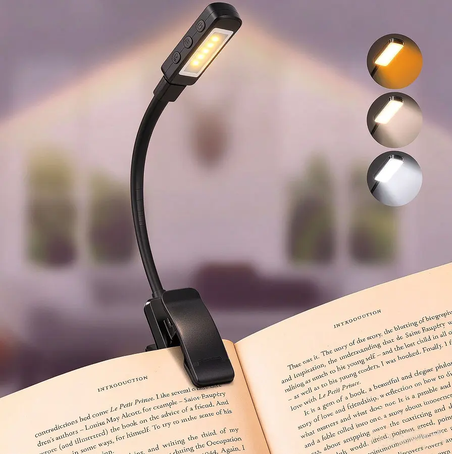 LED Book Lights for Reading at Night, Gifts for Book Lovers | Battery Power Eye-Caring 3 Amber Colors Stepless Dimming, Travel Clip-on Lamp