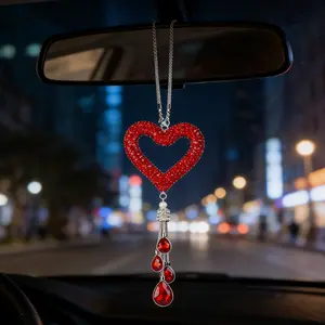 Shiny Heart Car Pendant with Full Diamond Design and Pearl Fringe, Women's Exclusive Interior Decoration, Rearview Mirror Hanging Ornament, Car Interior Accessory