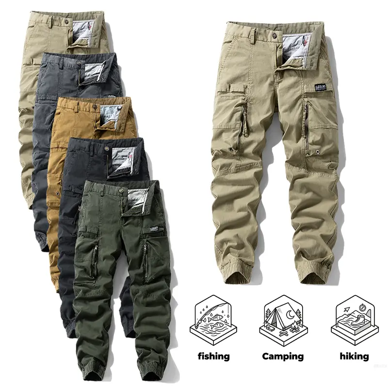 Men's Outdoor Straight Cargo  Cotton Fabric Multi Flap Side Storage Pockets Elastic Drawstring Waist Heavy Duty Fishing Camping Hiking Workwear Trousers season men durable training   wear gent unique vintage athletic fashion pants