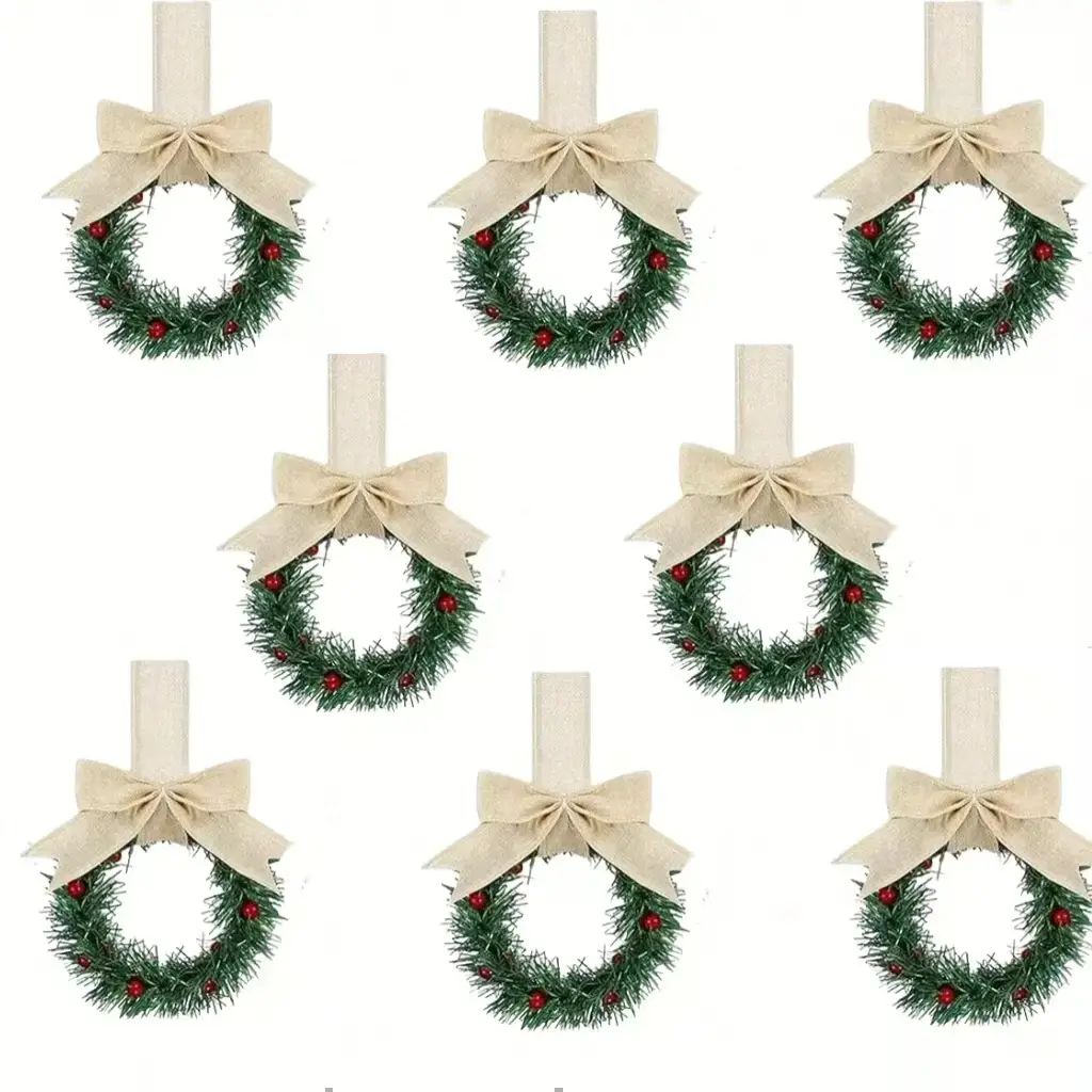 8 Christmas Kitchen Cabinet Wreaths with Fringe, Berry Mini Wreath, Farmhouse Style Holiday Decor, Classic Design, Durable Plastic, Home Ornament, Greenery Decoration