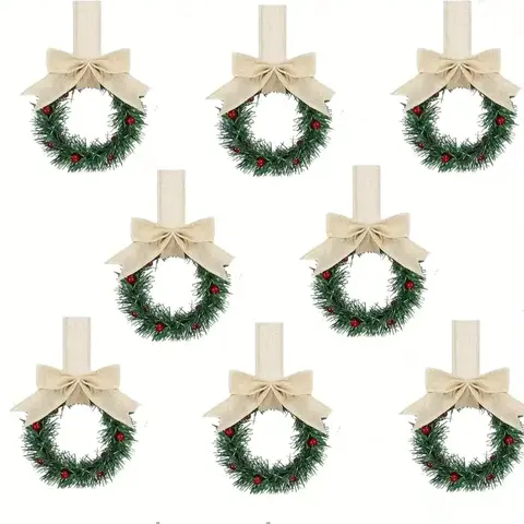 8 Christmas Kitchen Cabinet Wreaths with Fringe, Berry Mini Wreath, Farmhouse Style Holiday Decor, Classic Design, Durable Plastic, Home Ornament, Greenery Decoration