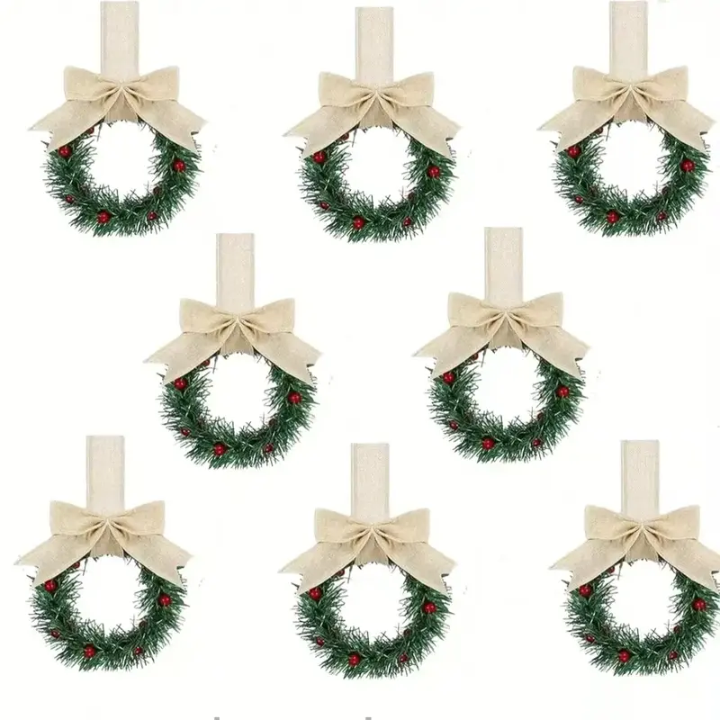 8 Christmas Kitchen Cabinet Wreaths with Fringe, Berry Mini Wreath, Farmhouse Style Holiday Decor, Classic Design, Durable Plastic, Home Ornament, Greenery Decoration