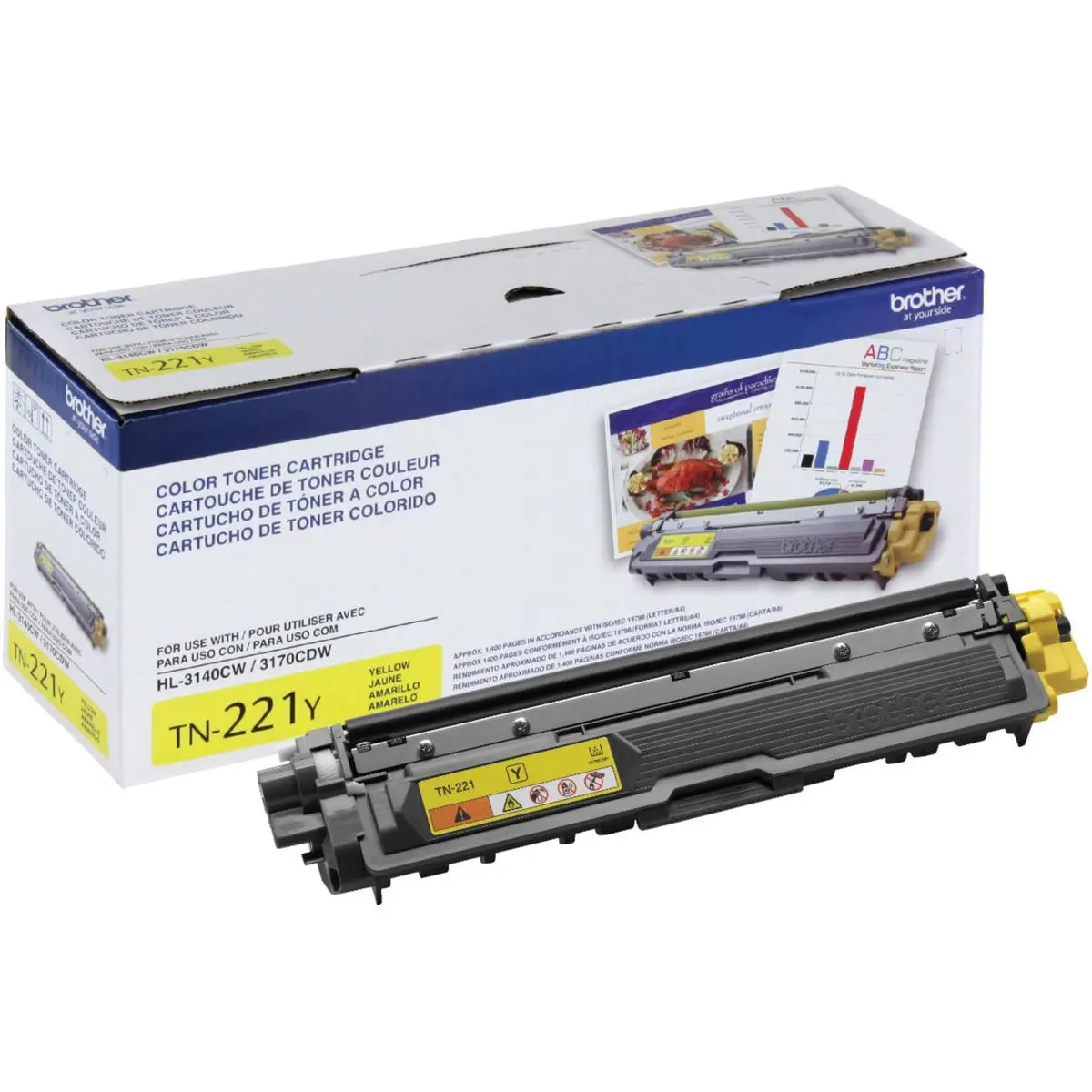 Brother TN221 Standard Yield Yellow Laser Toner Cartridge for HL-3140CW, HL-3170CDW, MFC-9130CW, MFC-9330CDW, MFC-9340CDW Laser Printers, 1400 Page Yield
