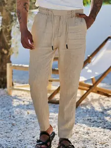 Men's Casual Linen Tie-Waist Pants, Breathable Loose-Fit Sport Long Trousers, All-Season American Beach Style, Solid Pattern, Casual Outdoor Trouser