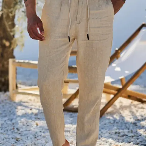 Men's Casual Solid Color Linen Tie-Waist Pants, Breathable Loose-Fit Sport Trousers, All-Season American Beach Style, Casual Outdoor Pants for Beach, Relaxed Fit Clothes