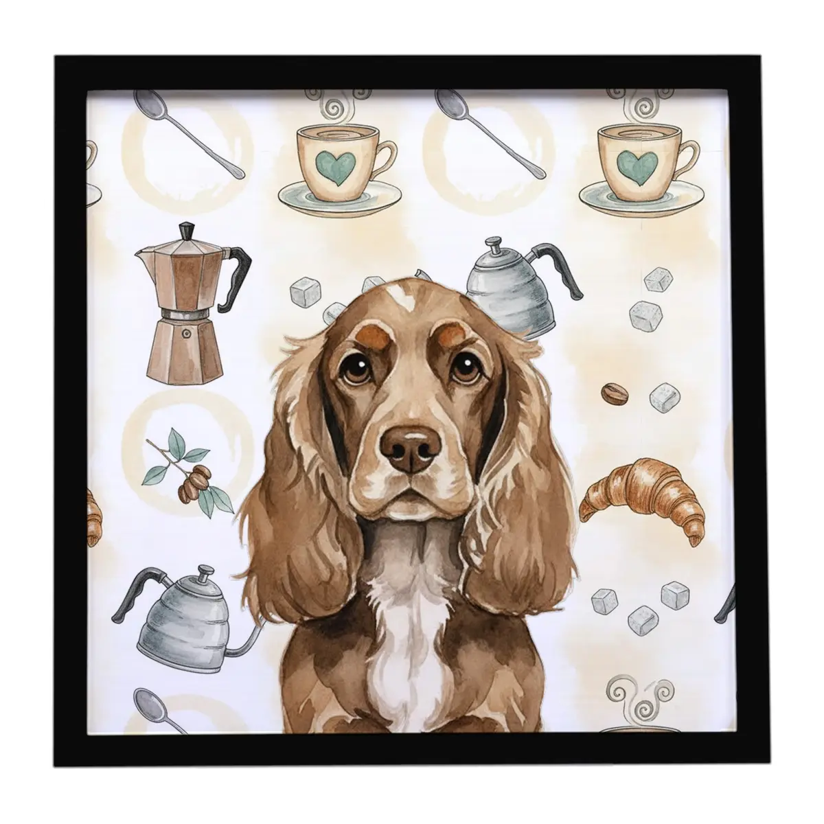 Carolines Treasures WDK7383MFP88 8x8 in. Chocolate Cocker Spaniel Coffee Bar Framed Metal Print, Animal Decorative & Coffee Graphic Home Decor Accent, Animal Decorative Prints, Coffee Graphic Prints
