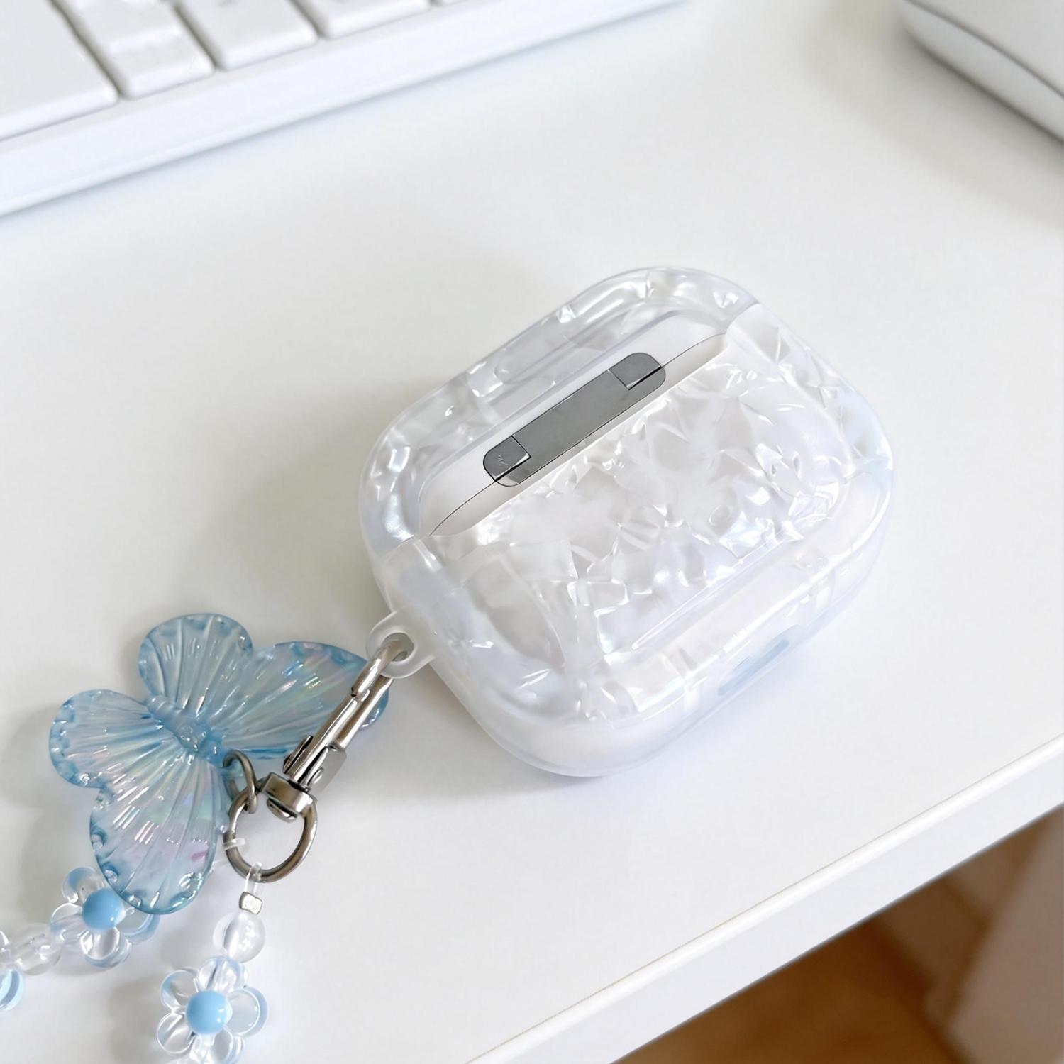 Butterfly Pearl Pendant Case for Airpods Pro 3/2/1 Airpods 4/3/2/1, Kawaii Dreamy Blue Butterfly Shell Design Shockproof Earphone Protective Cover for Girls Women