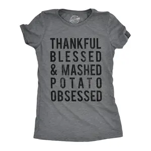Womens Thankful Blessed and Mashed Potato Obsessed T Shirt Funny Thanksgiving Tee Funny Womens T Shirts Cute Vintage Fashion Casual Ladies T-Shirt Gift Thanksgiving Tops for Women Funny Food Top Women's Novelty Dark Grey