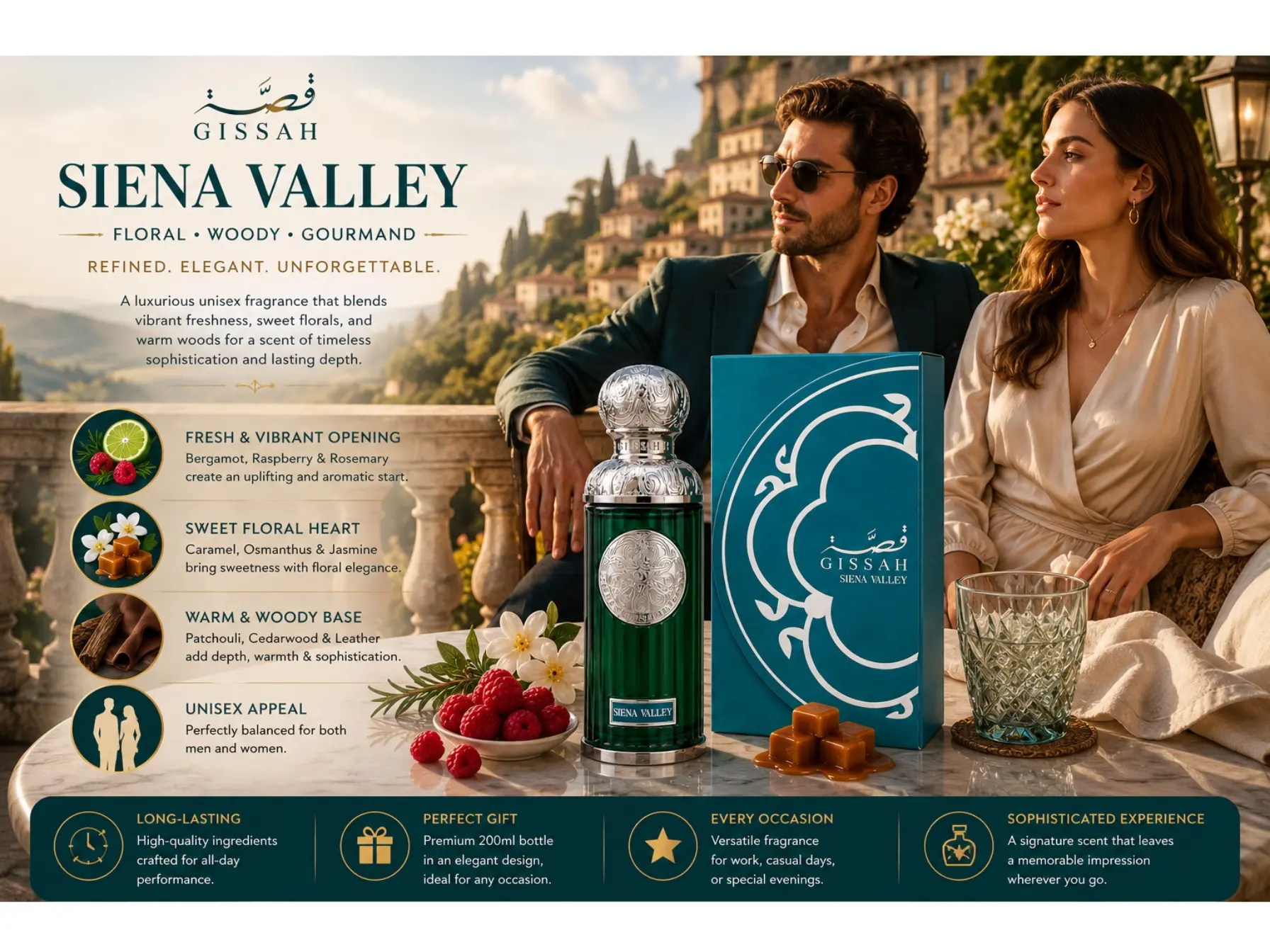 Gissah Siena Valley Eau de Parfum, Long-Lasting Citrus-Floral & Woody Gourmand Scent with Rosemary & Cedar, Unisex Perfume, 200ml Bottle, Adults, Smell Good All Day, Bergamot Blend, Men/Women