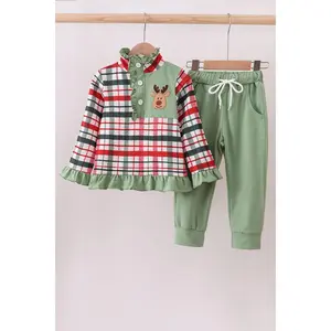 Green christmas reindeer applique pants set