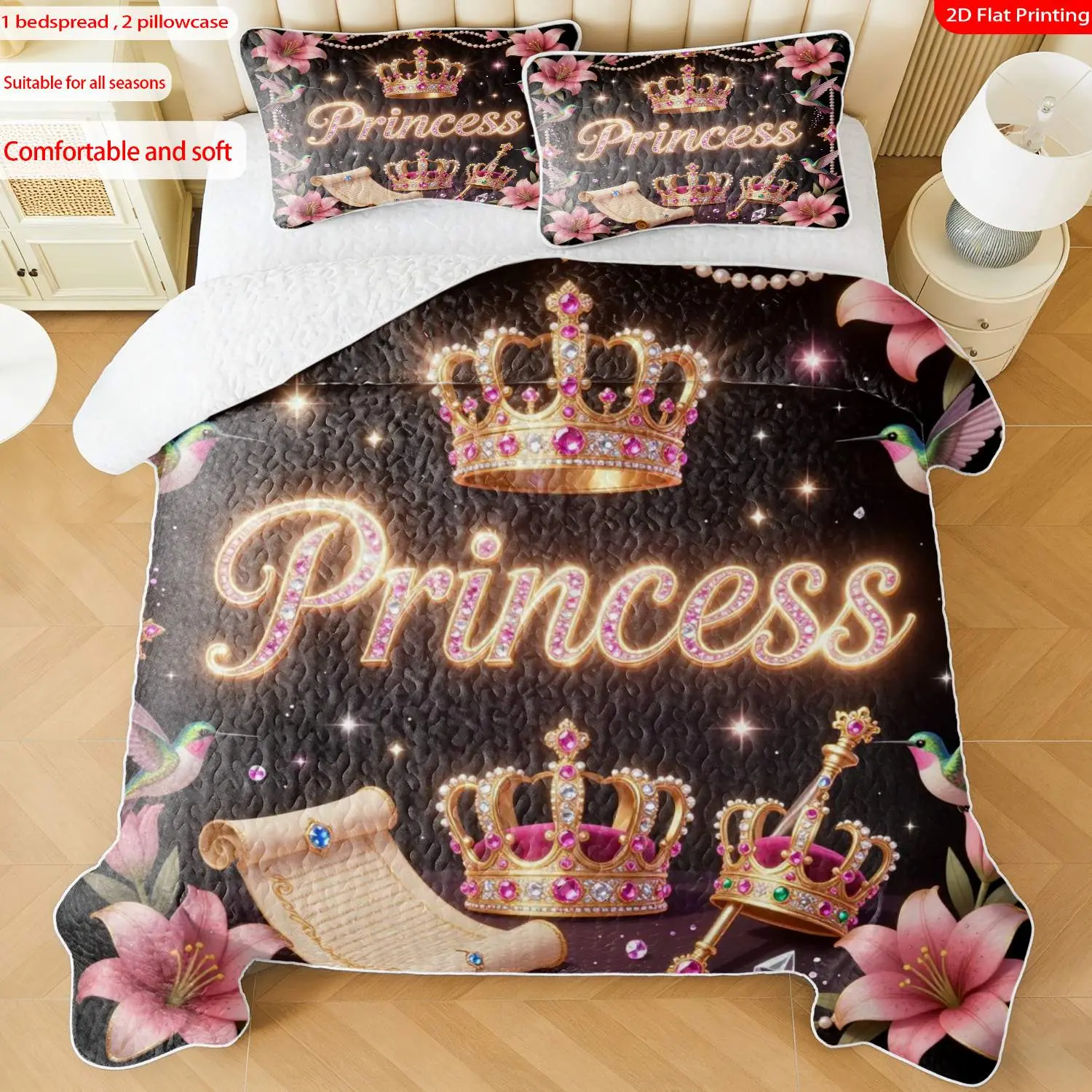 3pcs, 2D flat print Elegant Royal Princess Themed Quilted Bedspread Set multiple sizes available, bedding set, festive decorative bedding, ideal for bedroom décor(1 bedspread , 2 pillowcase)