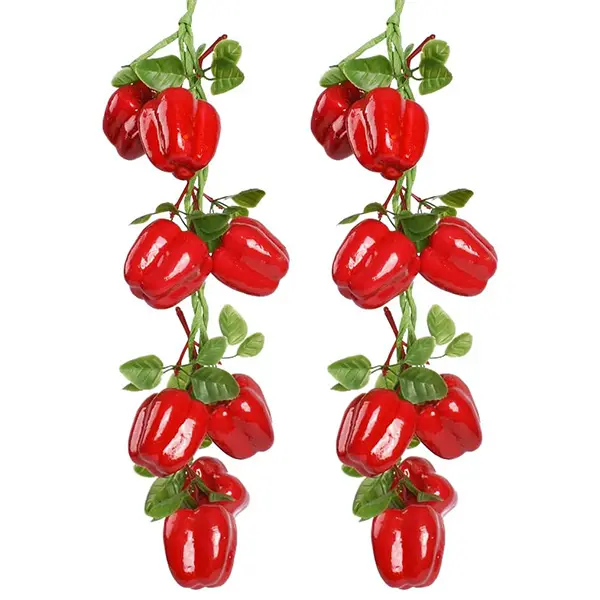 2Pcs Real-Looking Artificial Hanging Bell Pepper Strings - Decorative Food Ornaments, Simulated Hot Chili Vegetable Garlands for Home Kitchen, Farm Party Decor