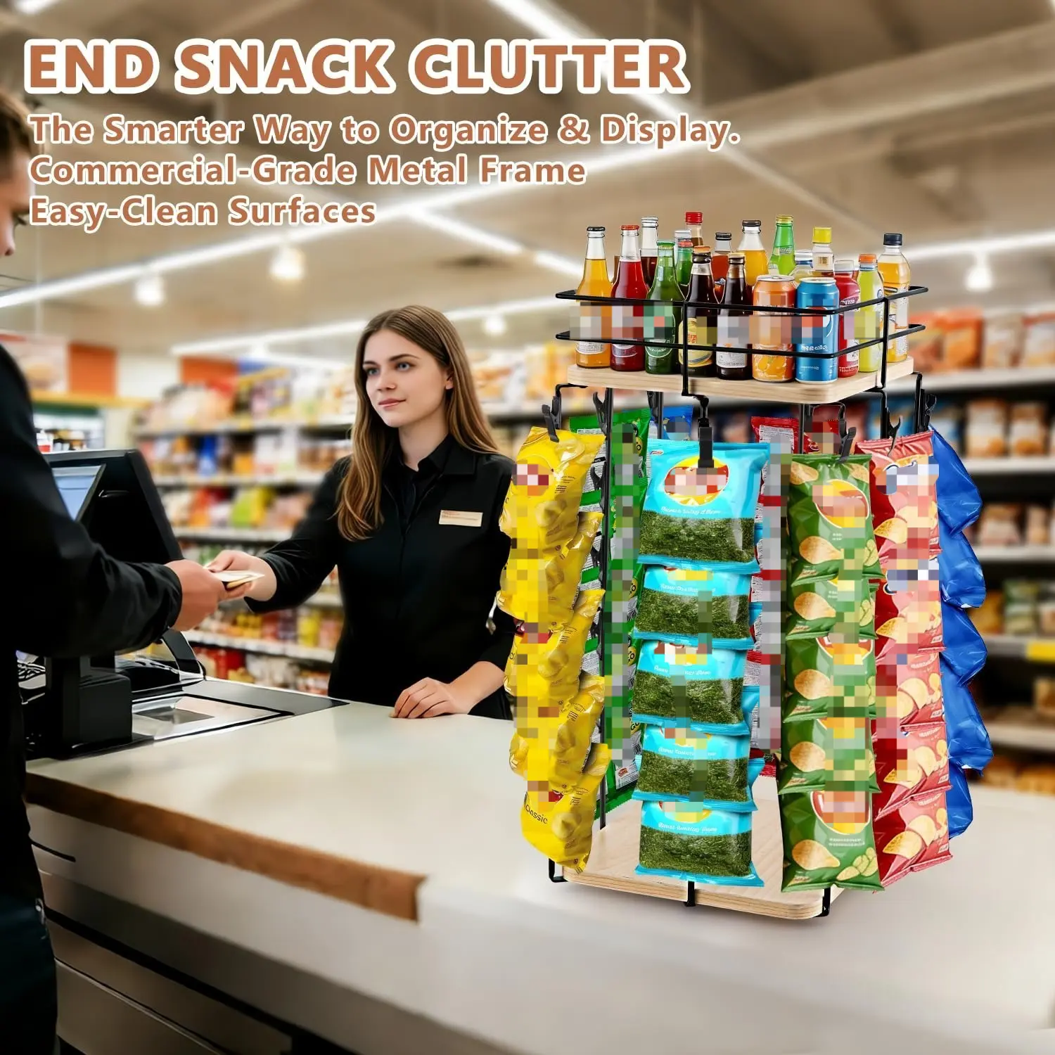 Commercial-Grade Metal Organizer Storage Snack Display Stand - Easy-Clean Surfaces, Countertop Rack for Store and Home