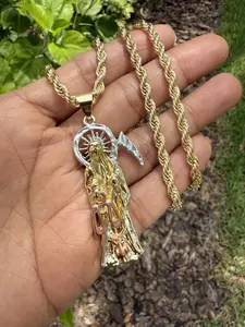 14K Gold Plated Grim Reaper Pendant Iced Micro Pave Bling Santa Muerte Holy Death Rope 24" 3mm Charm for Men Women Hip Hop Fashion Jewelry Bold Style Statement Symbolic Design Tarnish Resistant