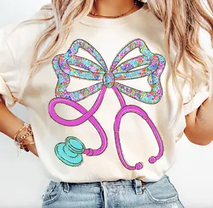 Preppy Floral Stethoscope Nurse Bow T-Shirt, Cna RN Nurse Shirt, School Nurse Shirt, Nursing Shirt, Preppy Nurse Floral Coquette Tee, Gift For Women