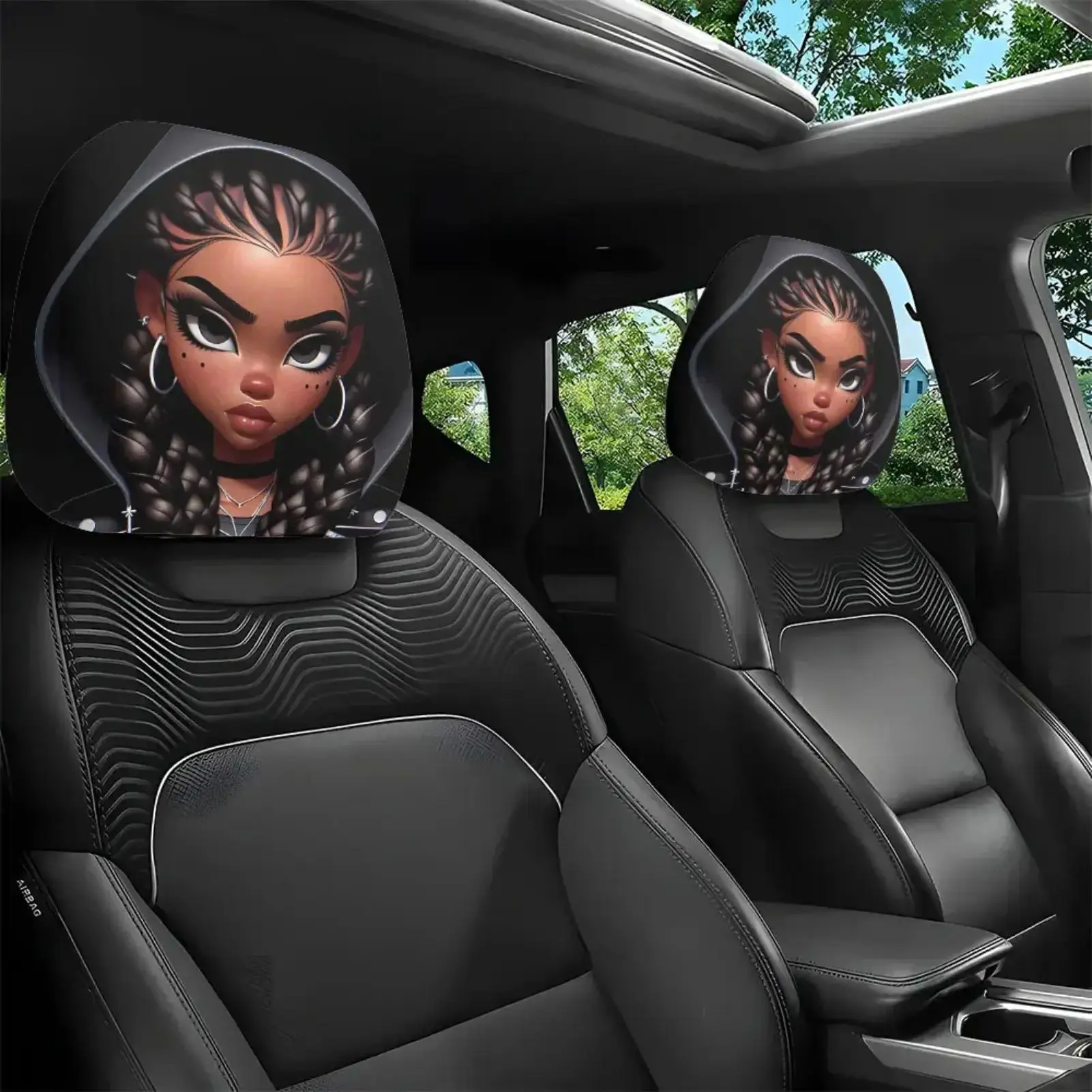 2-Pack One Size Cartoon Girl Car Headrest Pillow Covers, Removable & Washable Vehicle Interior Protectors, Cute Girly Decor for Daily Commute, Road Trips