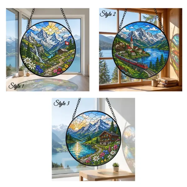 Swiss Alps Stained Glass Suncatcher, Alpine Chalet and Red Train Window Hanging, Mountain Lake Landscape Decor, Switzerland Travel Gift