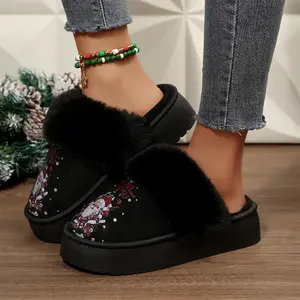 Women's Christmas Santa Print Plush Slippers Cozy Platform Slip-On Indoor Outdoor Shoes for Holiday Season
